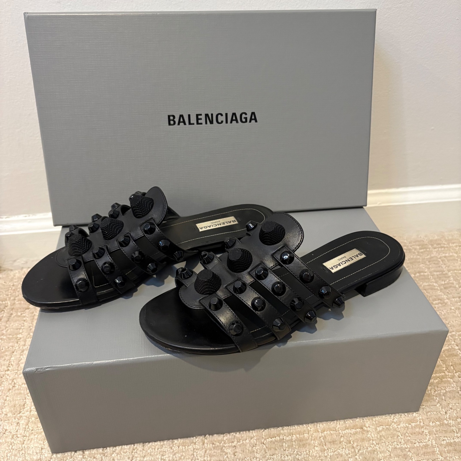 Balenciaga Black Studded Caged Leather Slide Sandals Size 37 Luxury Chic Goth